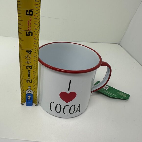 Sleigh Bell Bistro I Love Cocoa Metal Mug Red Rim White Enamel Cup 20 oz Holiday - Picture 9 of 14